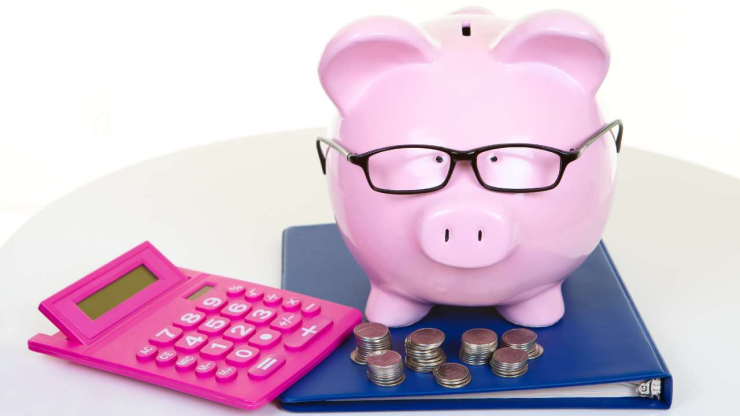Свинка-копилка в очках, калькулятор, монеты и папка, которые символизируют необходимость аварийного фонда