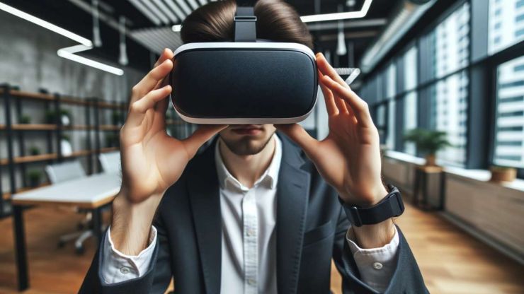 Мужчина использует очки виртуальной реальности в современном офисе, в котором происходит рассвет цифровой экономики