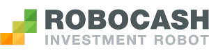 Логотип Robo.cash большими черными буквами с дополнительной надписью INVESTMENT ROBOT и цветными квадратиками