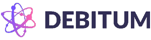 Логотип Debitum.com большими черными буквами и визуальной частью в виде разноцветного цветка из молекул
