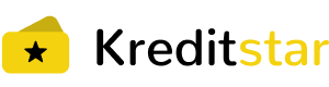 Двухцветный, черный с желтым, логотип Kreditstar.kz, спереди расположена стилизованная пака с десктопа со звездочкой