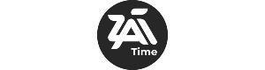Черно-белый логотип Timezaim.kz, где стилизованное название белого цвета расположено в черном круге