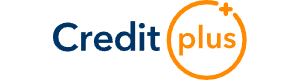 Логотип Creditplus.kz, где слово Credit обозначено черным цветом, а слово plus оранжевым и находится в круге со знаком +