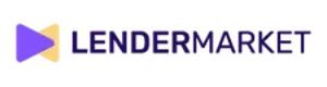 Логотип Lendermarket.com большими фиолетовыми буквами и 2 обращенных к друг другу треугольника фиолетового и желтого цветов