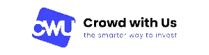 Логотип Crowdwithus.london с белыми заглавными буквами CWU в синем квадрате, надписью Crowd with Us the smarter way to invest