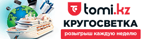 Логотип Tomi.kz двух цветов, красного и черного, а спереди визуальная часть в виде красного герба со стилизованной буквой t