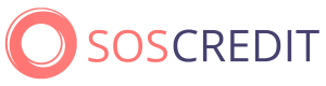 Логотип Soscredit.kz двух цветов, красного и черного, и спереди расположен круг красного цвета