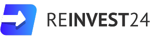 Логотип Reinvest24.com большими черными буквами и с синем квадратом с белой стрелочкой