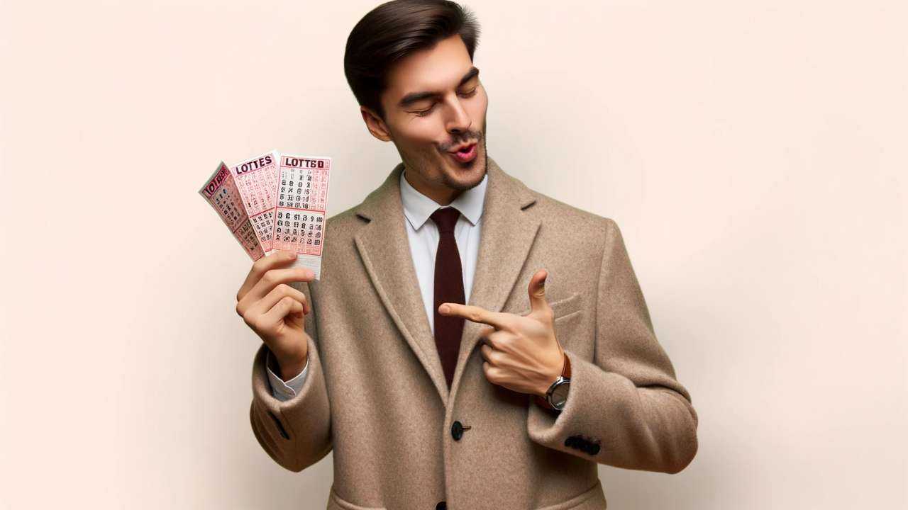 Мужчина стоит с закрытыми глазами и радуется, что его лотерейный билет, который от держит в руке, был выигрышным