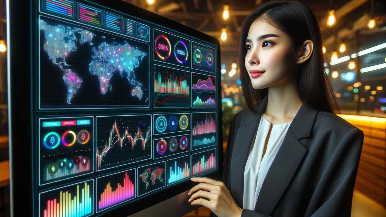 Молодая азиатка анализирует большой сенсорный монитор, на котором изображена часть данных цифровой экономики