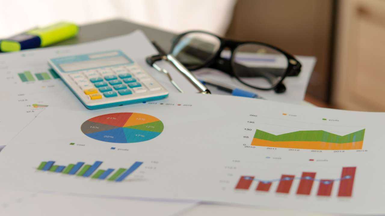 На столе листы с графиками калькулятор, очки – композиция для определения финансовой ответственности