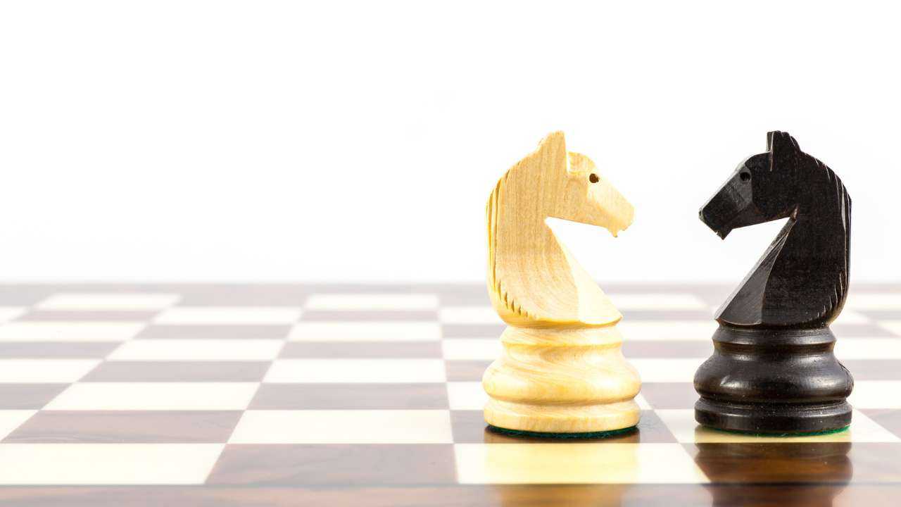 Шахматные фигуры, белый и черный конь, как символ препятствий, которые необходимо преодолеть при помощи финансовых советов